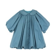2-7Y Kids Baby Girl Long Sleeve Doll Collar Shirt Dress Toddler Puff Long Sleeve Solid Color Spring Fall Dress Blue